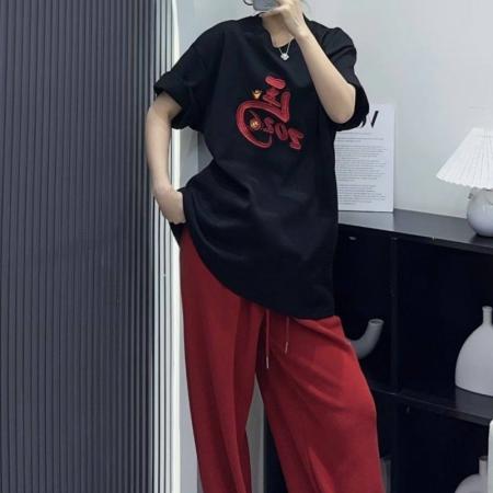 FA54722# 法式字母红色短袖t恤女马年本命年衣服新款洋气小衫新年上衣  服裝批發女裝批發服飾貨源