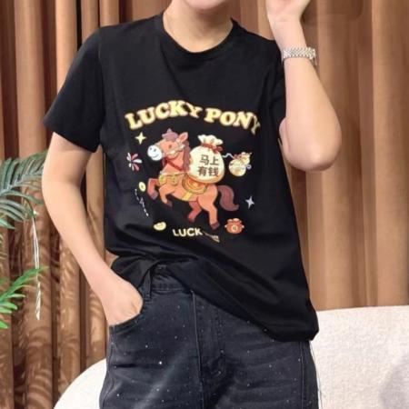 FA54723# 法式设计感小马印花短袖T恤春季新款本命年红色显瘦上衣  服裝批發女裝批發服飾貨源