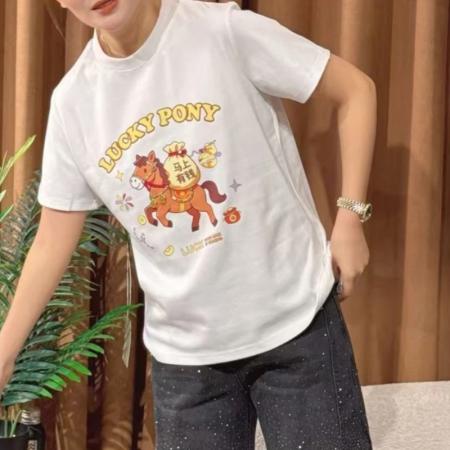 FA54723# 法式设计感小马印花短袖T恤春季新款本命年红色显瘦上衣  服裝批發女裝批發服飾貨源