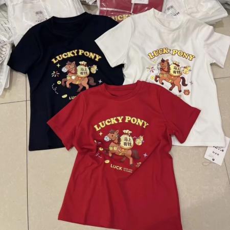 FA54723# 法式设计感小马印花短袖T恤春季新款本命年红色显瘦上衣  服裝批發女裝批發服飾貨源