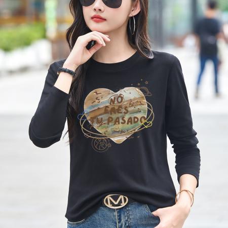 FA54726# 早春季长袖t恤女简约休闲百搭大码女装宽松显瘦遮肚子打底衫上衣  服裝批發女裝批發服飾貨源