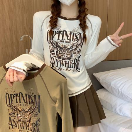 FA54727# 春季新款长袖T恤女内搭打底衫设计感美式印花休闲洋气上衣  服裝批發女裝批發服飾貨源