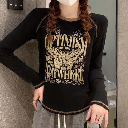 FA54727# 春季新款长袖T恤女内搭打底衫设计感美式印花休闲洋气上衣  服裝批發女裝批發服飾貨源