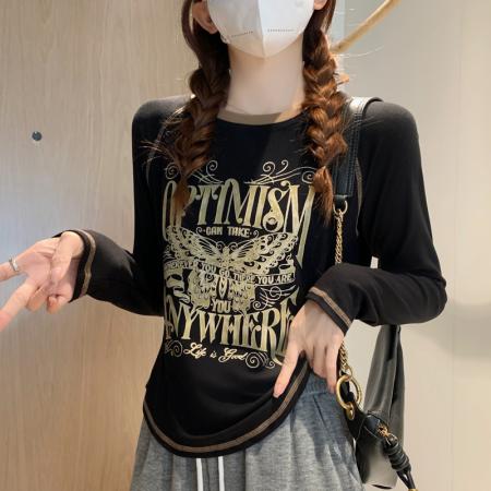 FA54727# 春季新款长袖T恤女内搭打底衫设计感美式印花休闲洋气上衣  服裝批發女裝批發服飾貨源