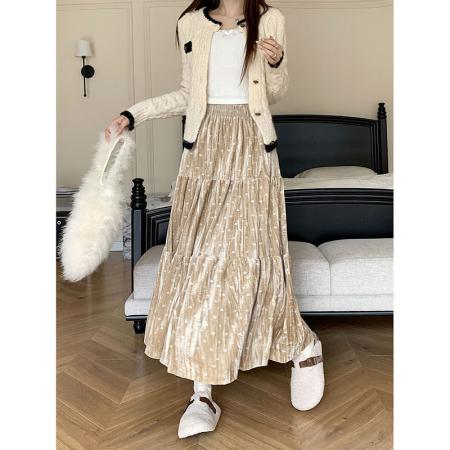 FA54731# 新款设计感爱心丝绒裙高腰显瘦百褶蛋糕裙大摆裙女  服裝批發女裝批發服飾貨源