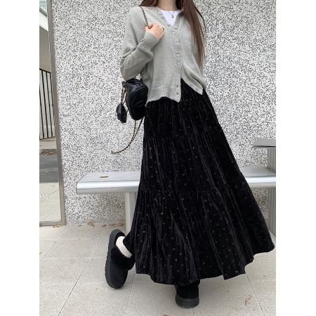 FA54731# 新款设计感爱心丝绒裙高腰显瘦百褶蛋糕裙大摆裙女  服裝批發女裝批發服飾貨源