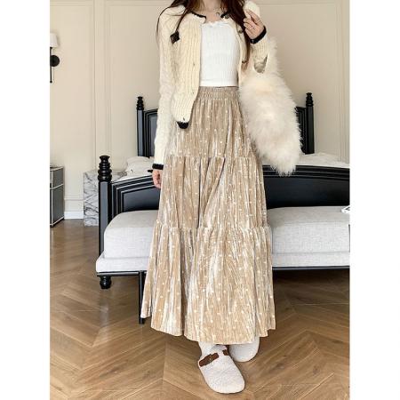 FA54731# 新款设计感爱心丝绒裙高腰显瘦百褶蛋糕裙大摆裙女  服裝批發女裝批發服飾貨源