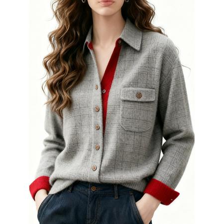 FA54733# 新款小个子撞色拼接格纹衬衫女假两件开衫学院风高级感显瘦上衣冬  服裝批發女裝批發服飾貨源