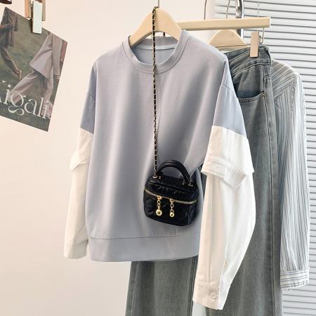 FA54734# 春季新款设计感撞色拼接洋气减龄百搭套头T恤上衣  服裝批發女裝批發服飾貨源