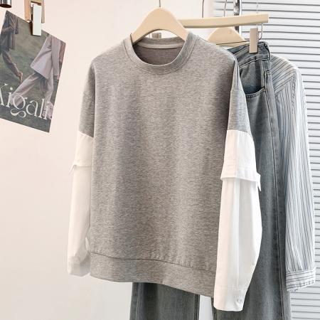 FA54734# 春季新款设计感撞色拼接洋气减龄百搭套头T恤上衣  服裝批發女裝批發服飾貨源