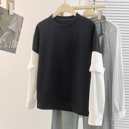 FA54734# 春季新款设计感撞色拼接洋气减龄百搭套头T恤上衣  服裝批發女裝批發服飾貨源