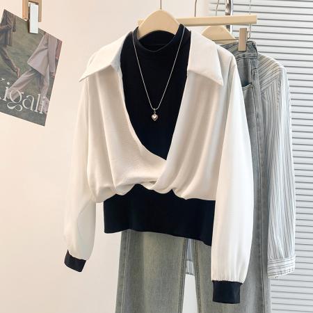 FA54735# 春季新款韩版假两件百搭设计感衬衫上衣  服裝批發女裝批發服飾貨源