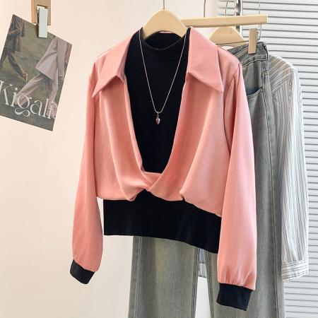 FA54735# 春季新款韩版假两件百搭设计感衬衫上衣  服裝批發女裝批發服飾貨源