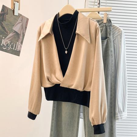 FA54735# 春季新款韩版假两件百搭设计感衬衫上衣  服裝批發女裝批發服飾貨源