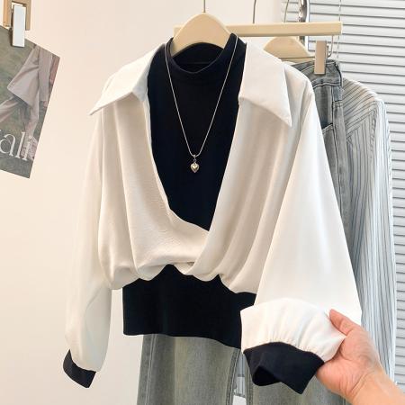 FA54735# 春季新款韩版假两件百搭设计感衬衫上衣  服裝批發女裝批發服飾貨源