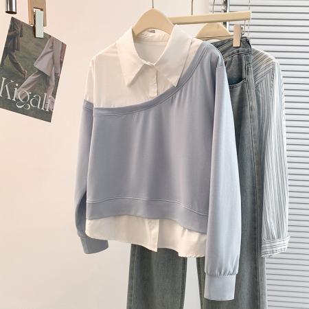 FA54736# 春季新款设计感洋气减龄撞色拼接假两件衬衫领T恤上衣  服裝批發女裝批發服飾貨源