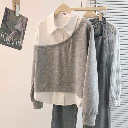 FA54736# 春季新款设计感洋气减龄撞色拼接假两件衬衫领T恤上衣  服裝批發女裝批發服飾貨源