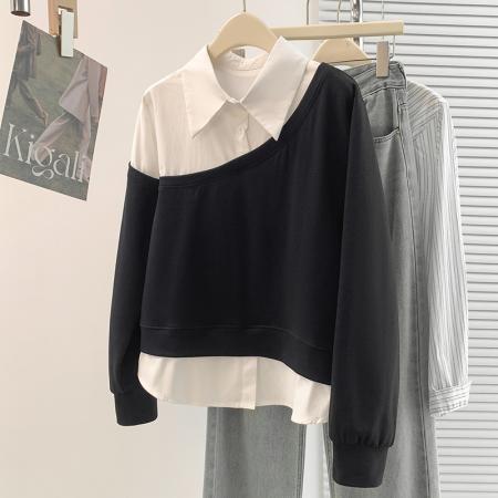 FA54736# 春季新款设计感洋气减龄撞色拼接假两件衬衫领T恤上衣  服裝批發女裝批發服飾貨源