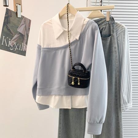 FA54736# 春季新款设计感洋气减龄撞色拼接假两件衬衫领T恤上衣  服裝批發女裝批發服飾貨源