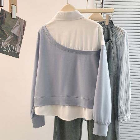 FA54736# 春季新款设计感洋气减龄撞色拼接假两件衬衫领T恤上衣  服裝批發女裝批發服飾貨源