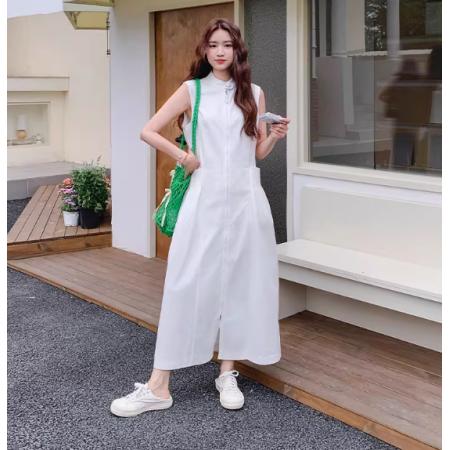 LN76433# 白色拉链立领无袖连衣裙新款女初夏又A又飒气质显瘦罩衫裙子