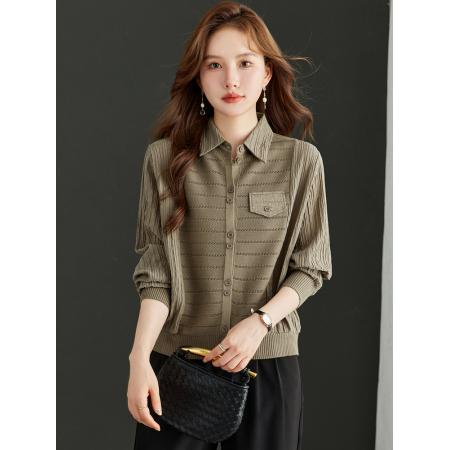 FA54737# 拼接假两件衬衣女秋季新款翻领排扣褶皱设计显瘦羊毛针织内搭上衣  服裝批發女裝批發服飾貨源