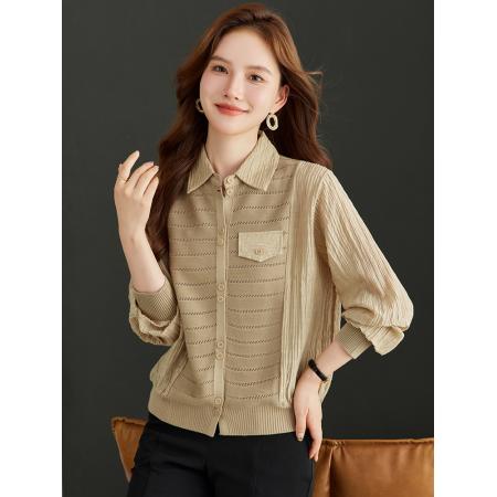 FA54737# 拼接假两件衬衣女秋季新款翻领排扣褶皱设计显瘦羊毛针织内搭上衣  服裝批發女裝批發服飾貨源