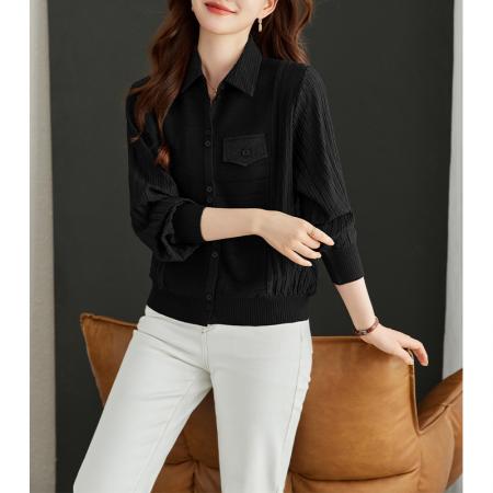 FA54737# 拼接假两件衬衣女秋季新款翻领排扣褶皱设计显瘦羊毛针织内搭上衣  服裝批發女裝批發服飾貨源