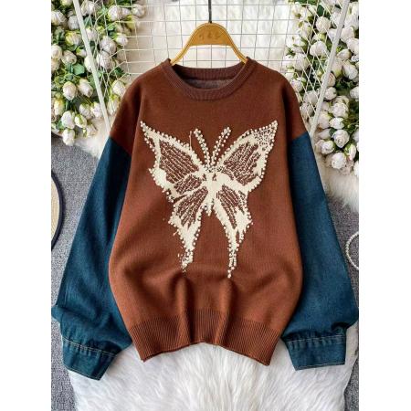 FA54741# 松弛感慵懒风时髦重工钉珠蝴蝶假两件毛衣女洋气百搭宽松拼接上衣  服裝批發女裝批發服飾貨源