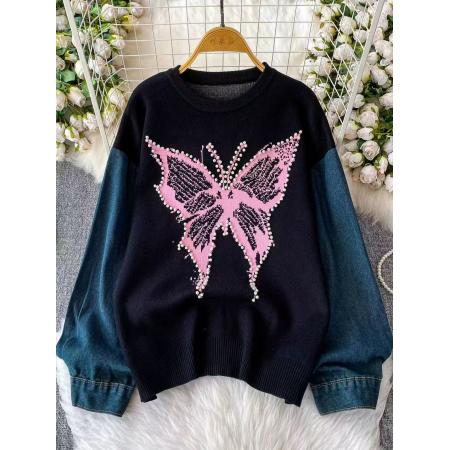 FA54741# 松弛感慵懒风时髦重工钉珠蝴蝶假两件毛衣女洋气百搭宽松拼接上衣  服裝批發女裝批發服飾貨源