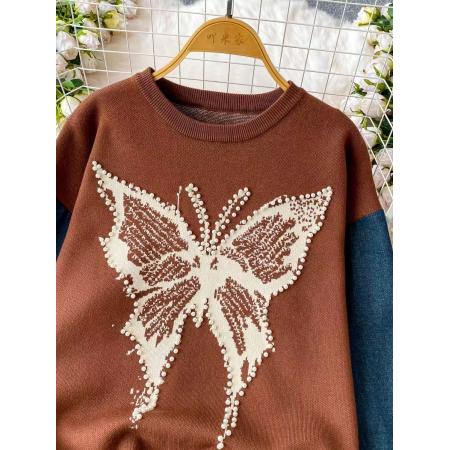 FA54741# 松弛感慵懒风时髦重工钉珠蝴蝶假两件毛衣女洋气百搭宽松拼接上衣  服裝批發女裝批發服飾貨源