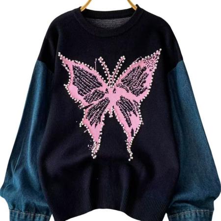 FA54741# 松弛感慵懒风时髦重工钉珠蝴蝶假两件毛衣女洋气百搭宽松拼接上衣  服裝批發女裝批發服飾貨源