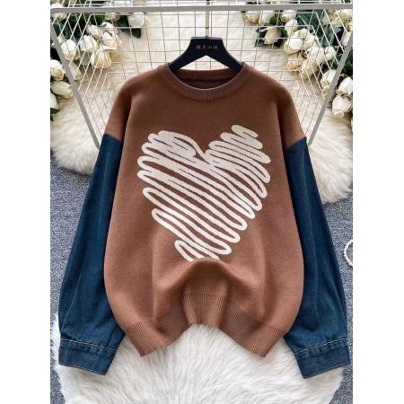 FA54742# 慵懒风休闲毛衣女秋冬内搭洋气减龄宽松牛仔长袖拼接针织上衣  服裝批發女裝批發服飾貨源