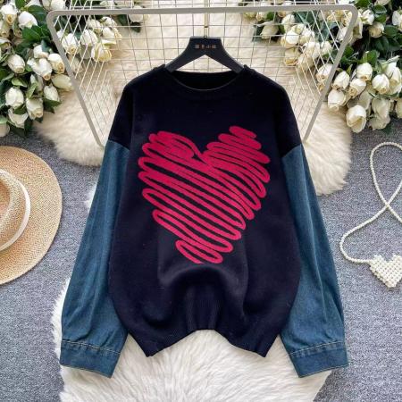 FA54742# 慵懒风休闲毛衣女秋冬内搭洋气减龄宽松牛仔长袖拼接针织上衣  服裝批發女裝批發服飾貨源