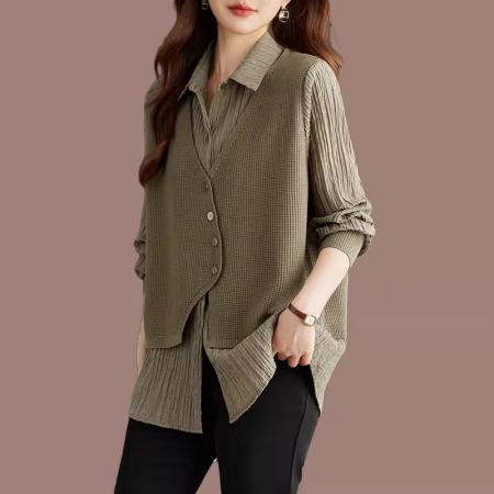 FA54746# 高级气质假两件针织上衣女新款春秋宽松大码拼接衬衫领羊毛衫  服裝批發女裝批發服飾貨源