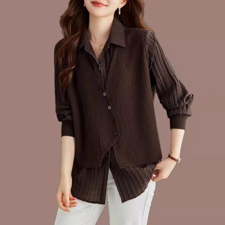 FA54746# 高级气质假两件针织上衣女新款春秋宽松大码拼接衬衫领羊毛衫  服裝批發女裝批發服飾貨源