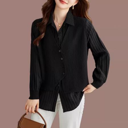 FA54746# 高级气质假两件针织上衣女新款春秋宽松大码拼接衬衫领羊毛衫  服裝批發女裝批發服飾貨源