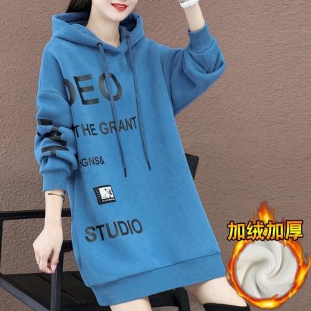 FA54751# 加绒加厚中长款卫衣女秋冬咖啡色宽松洋气连帽上衣外套女时尚质感  服裝批發女裝批發服飾貨源