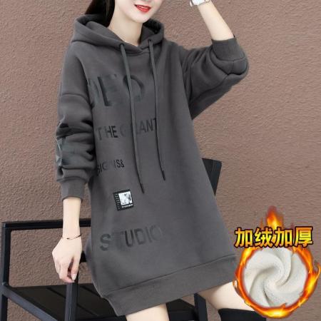 FA54751# 加绒加厚中长款卫衣女秋冬咖啡色宽松洋气连帽上衣外套女时尚质感  服裝批發女裝批發服飾貨源