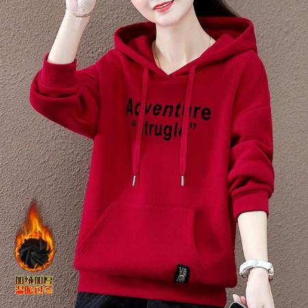 FA54753# 红色短款连帽卫衣女春秋冬新款爆款时尚洋气宽松上衣休闲服  服裝批發女裝批發服飾貨源