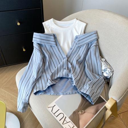 FA54757# 春季新款假两件条纹长袖衬衫女流行洋气露肩女上衣  服裝批發女裝批發服飾貨源