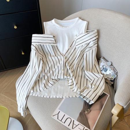 FA54757# 春季新款假两件条纹长袖衬衫女流行洋气露肩女上衣  服裝批發女裝批發服飾貨源