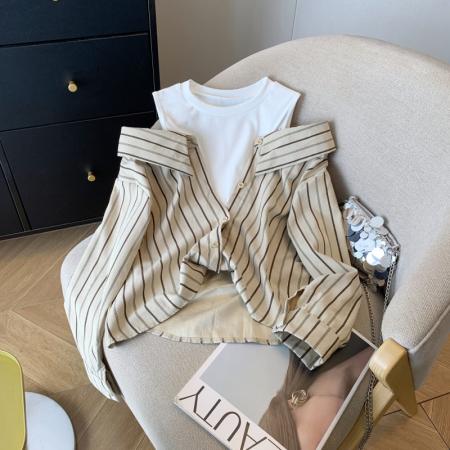 FA54757# 春季新款假两件条纹长袖衬衫女流行洋气露肩女上衣  服裝批發女裝批發服飾貨源