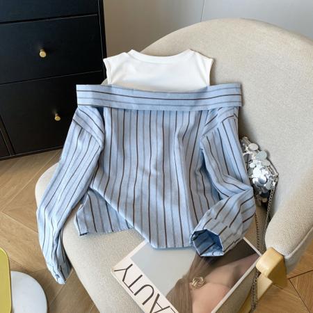 FA54757# 春季新款假两件条纹长袖衬衫女流行洋气露肩女上衣  服裝批發女裝批發服飾貨源