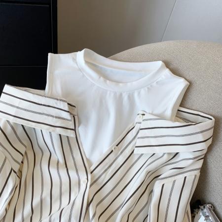 FA54757# 春季新款假两件条纹长袖衬衫女流行洋气露肩女上衣  服裝批發女裝批發服飾貨源