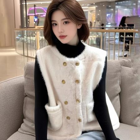 FA54759# 小香风双排扣马甲外套女秋冬毛绒开衫加厚保暖无袖上衣  服裝批發女裝批發服飾貨源