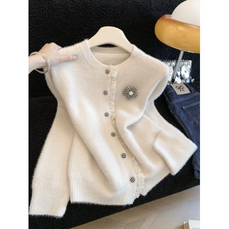 FA54761# ～圆领蕾丝花边拼接水貂绒毛衣甜美温柔宽松新款针织上衣  服裝批發女裝批發服飾貨源