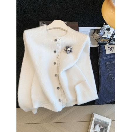 FA54761# ～圆领蕾丝花边拼接水貂绒毛衣甜美温柔宽松新款针织上衣  服裝批發女裝批發服飾貨源