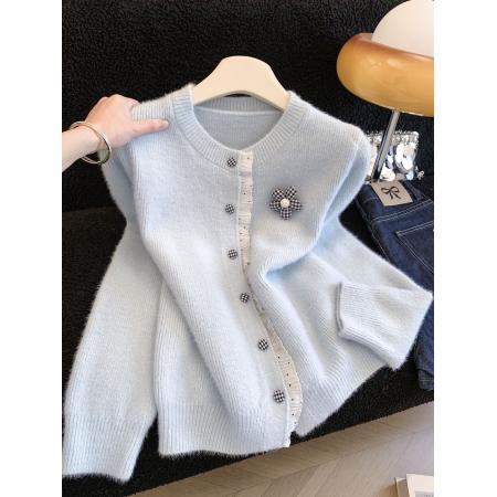 FA54761# ～圆领蕾丝花边拼接水貂绒毛衣甜美温柔宽松新款针织上衣  服裝批發女裝批發服飾貨源