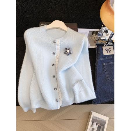 FA54761# ～圆领蕾丝花边拼接水貂绒毛衣甜美温柔宽松新款针织上衣  服裝批發女裝批發服飾貨源